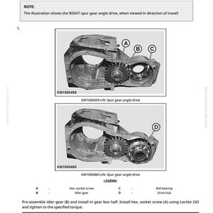 May include: Diagram of a spur gear angle drive assembly, labeled with letters and part names. The image includes two detailed illustrations of the gear drive, with callouts for hex socket screws, idler gears, and ball bearings. Text includes torque specifications.