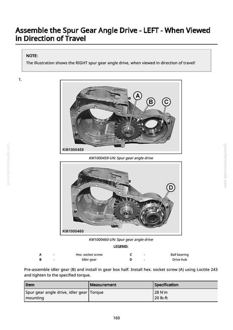 May include: Diagram of a spur gear angle drive assembly, labeled with letters and part names. The image includes two detailed illustrations of the gear drive, with callouts for hex socket screws, idler gears, and ball bearings. Text includes torque specifications.