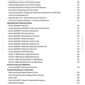 May include: A white page with a table of contents for a manual. The text includes topics like "USB Drive Requirements", "Service ADVISOR Overview", and "StarFire Receiver Height Optimization".