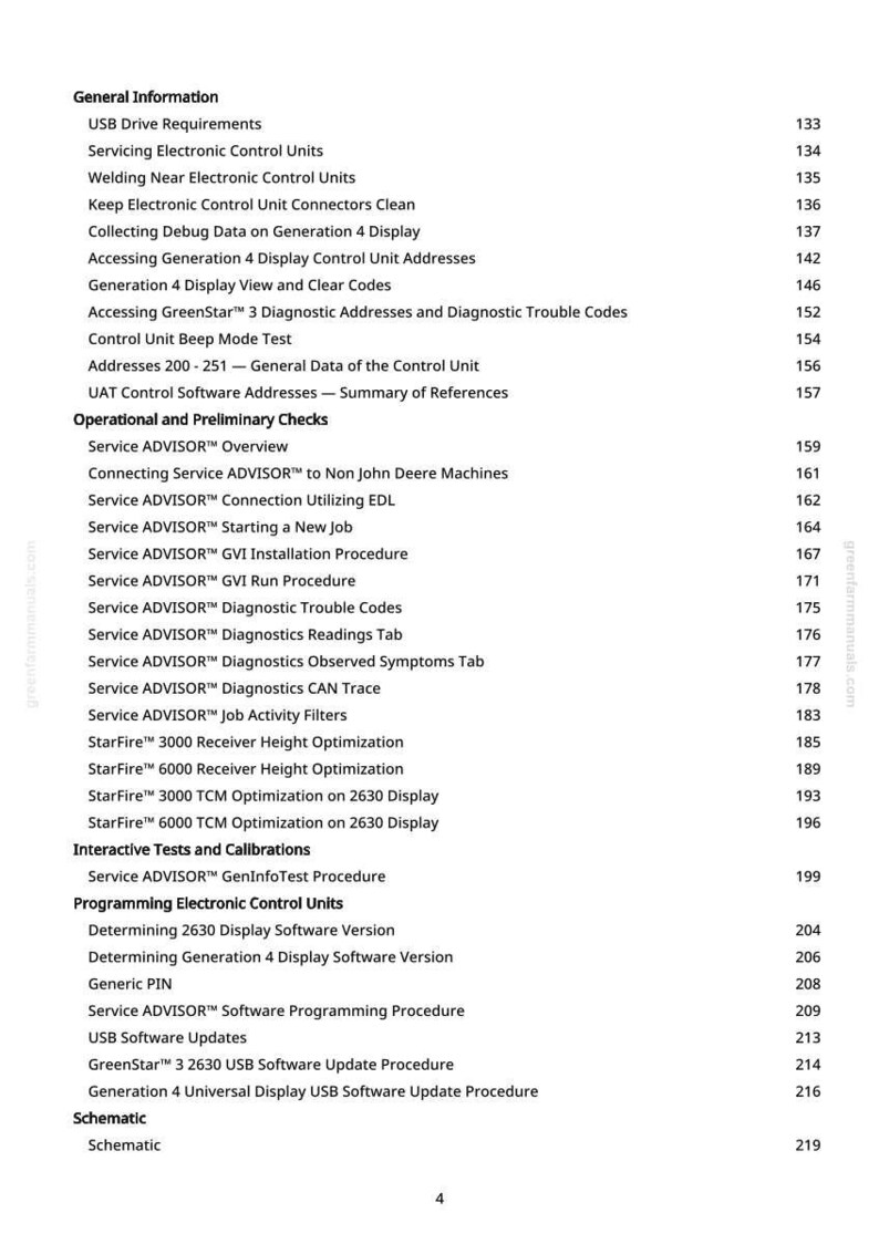 May include: A white page with a table of contents for a manual. The text includes topics like "USB Drive Requirements", "Service ADVISOR Overview", and "StarFire Receiver Height Optimization".