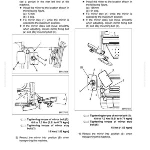 May include: Diagram of exterior parts, specifically adjusting mirrors, with detailed instructions for installation and adjustment. Includes measurements in mm and degrees, and torque specifications in Nm and kgm.
