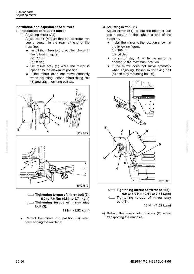 May include: Diagram of exterior parts, specifically adjusting mirrors, with detailed instructions for installation and adjustment. Includes measurements in mm and degrees, and torque specifications in Nm and kgm.