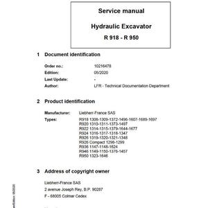 K&ouml;nnte beinhalten: Servicehandbuch f&uuml;r einen Hydraulikbagger, Modell R 918 - R 950. Das Dokument enth&auml;lt Produktidentifikation, Herstellerinformationen und Urheberrechtsdetails. Das Dokument ist in englischer Sprache.