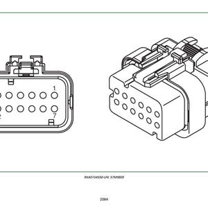 May include: Two black and white illustrations of a rectangular electrical connector. One shows a top view with numbered pin locations, and the other shows a 3D perspective. The text "RXA0104550-UN: S7M9800" is at the bottom.