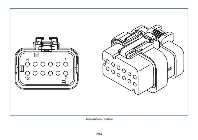 May include: Two black and white illustrations of a rectangular electrical connector. One shows a top view with numbered pin locations, and the other shows a 3D perspective. The text "RXA0104550-UN: S7M9800" is at the bottom.