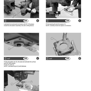 May include: Diagram illustrating the assembly of a steering case, with multiple steps and close-up views of components. Text instructions accompany each step, detailing the process with grease and pin placement.