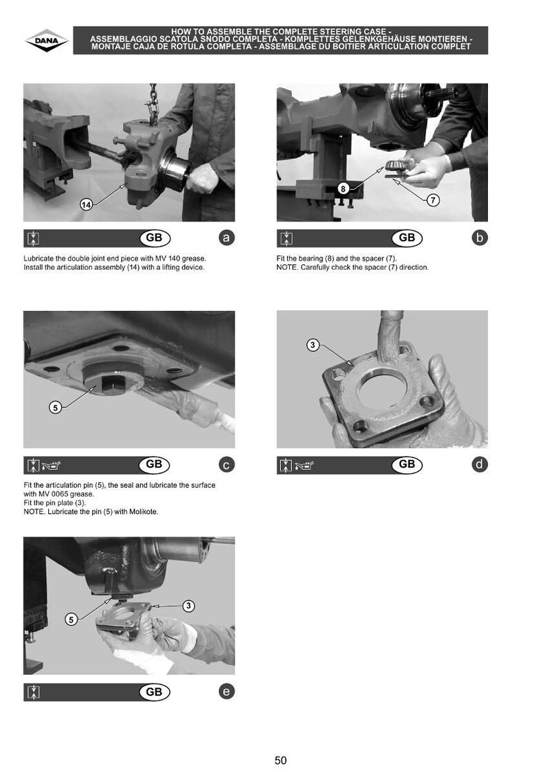 May include: Diagram illustrating the assembly of a steering case, with multiple steps and close-up views of components. Text instructions accompany each step, detailing the process with grease and pin placement.