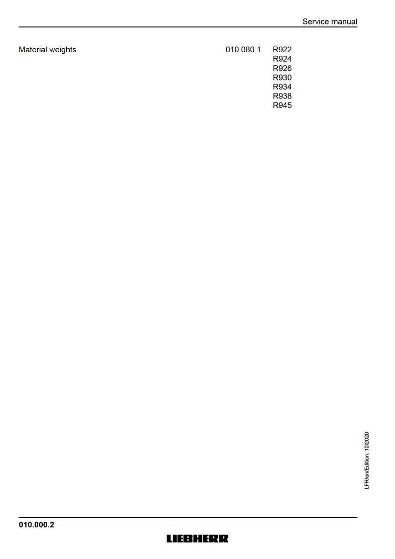 May include: A service manual page with the title "Material weights" and the number "010.080.1". The page lists several codes: R922, R924, R926, R930, R934, R938, and R945. The bottom of the page shows the number "010.000.2" and the LIEBHERR logo.