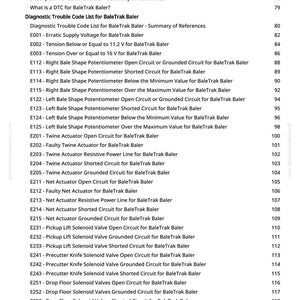 Puede incluir: Documento blanco con texto negro que detalla los c&oacute;digos de problemas de diagn&oacute;stico para un BaleTrak Baler. Incluye una tabla de identificaci&oacute;n de componentes y una lista de c&oacute;digos, como E001, E002 y E003, con descripciones y n&uacute;meros de p&aacute;gina.