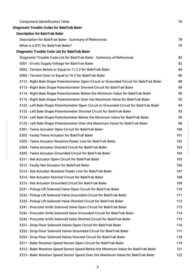 Puede incluir: Documento blanco con texto negro que detalla los c&oacute;digos de problemas de diagn&oacute;stico para un BaleTrak Baler. Incluye una tabla de identificaci&oacute;n de componentes y una lista de c&oacute;digos, como E001, E002 y E003, con descripciones y n&uacute;meros de p&aacute;gina.