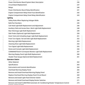 May include: A white-background page from a manual with a detailed table of contents. The text lists various topics, including wiring harnesses, fuses, relays, lighting, and operator station components.