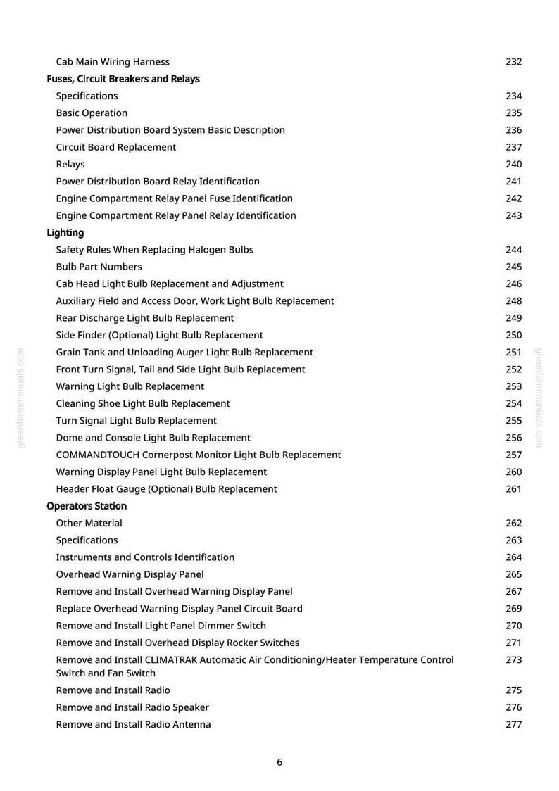 May include: A white-background page from a manual with a detailed table of contents. The text lists various topics, including wiring harnesses, fuses, relays, lighting, and operator station components.