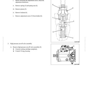 Puede incluir: Diagrama t&eacute;cnico de un conjunto de bomba HST con instrucciones de desmontaje y montaje. Incluye ilustraciones detalladas de la v&aacute;lvula de alivio de baja presi&oacute;n y el conjunto de la v&aacute;lvula de corte de alta presi&oacute;n, con n&uacute;meros de pieza y nombres de componentes.