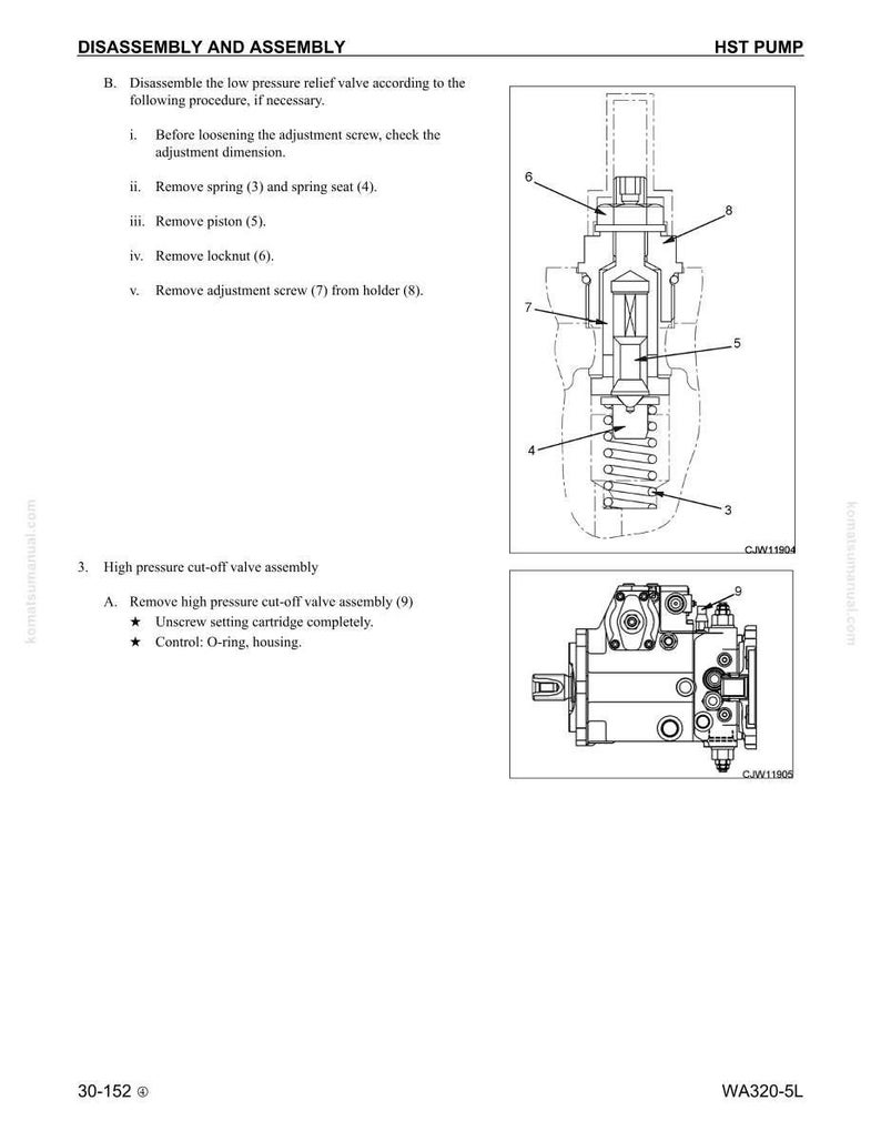 Puede incluir: Diagrama t&eacute;cnico de un conjunto de bomba HST con instrucciones de desmontaje y montaje. Incluye ilustraciones detalladas de la v&aacute;lvula de alivio de baja presi&oacute;n y el conjunto de la v&aacute;lvula de corte de alta presi&oacute;n, con n&uacute;meros de pieza y nombres de componentes.