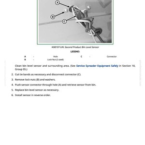 Puede incluir: Diagrama que ilustra la extracci&oacute;n e instalaci&oacute;n de un sensor de nivel de dep&oacute;sito de segundo producto. La imagen incluye etiquetas para un orificio, tuercas de seguridad y un conector, con instrucciones. Texto: "N98197-UN: Second Product Bin Level Sensor."