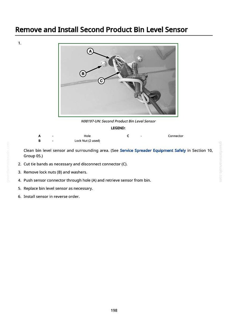 Puede incluir: Diagrama que ilustra la extracci&oacute;n e instalaci&oacute;n de un sensor de nivel de dep&oacute;sito de segundo producto. La imagen incluye etiquetas para un orificio, tuercas de seguridad y un conector, con instrucciones. Texto: "N98197-UN: Second Product Bin Level Sensor."