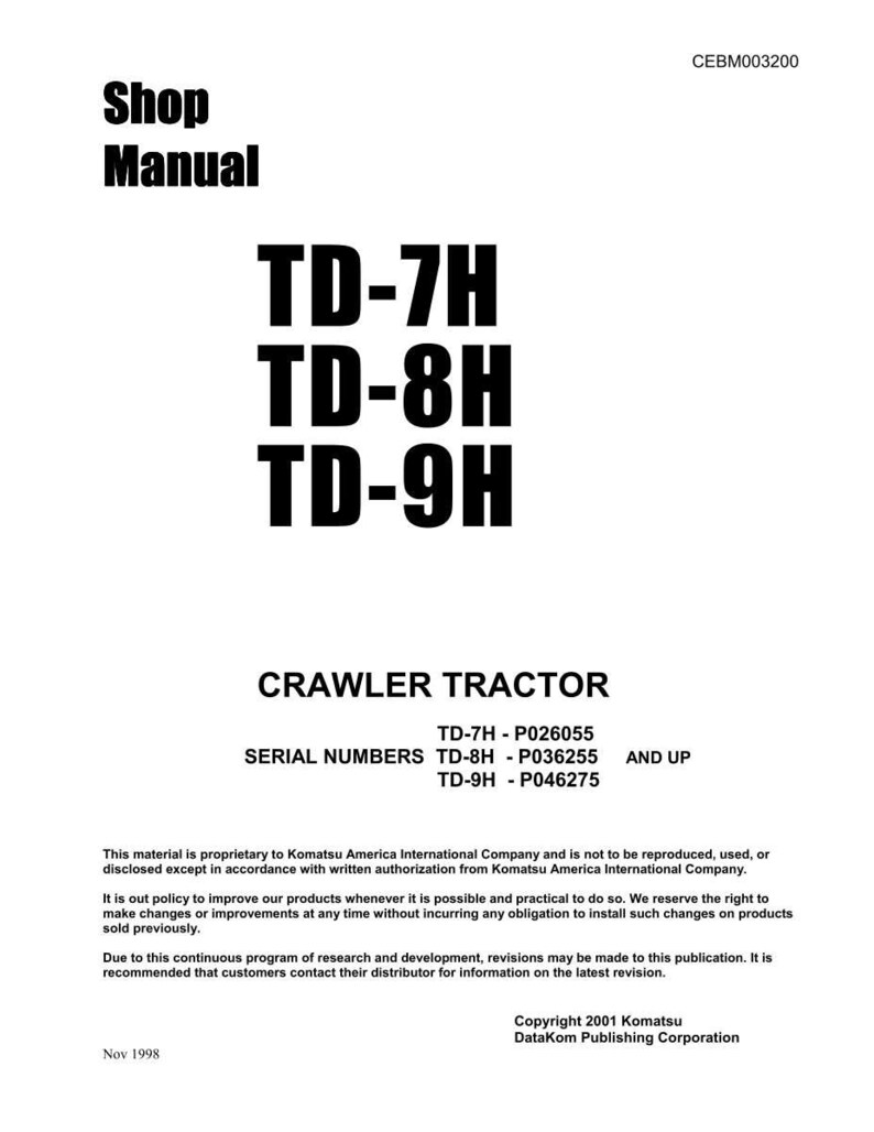 May include: A white shop manual cover with black text. The title "Shop Manual" is at the top, followed by "TD-7H, TD-8H, TD-9H". Below, "CRAWLER TRACTOR" and serial numbers are listed.