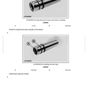 May include: Diagram of a piston with an O-ring and snap ring installed. The image includes labels and instructions for assembly. The text reads "LX1020392-UN: Snap Ring and O-ring on the Piston, Installing."