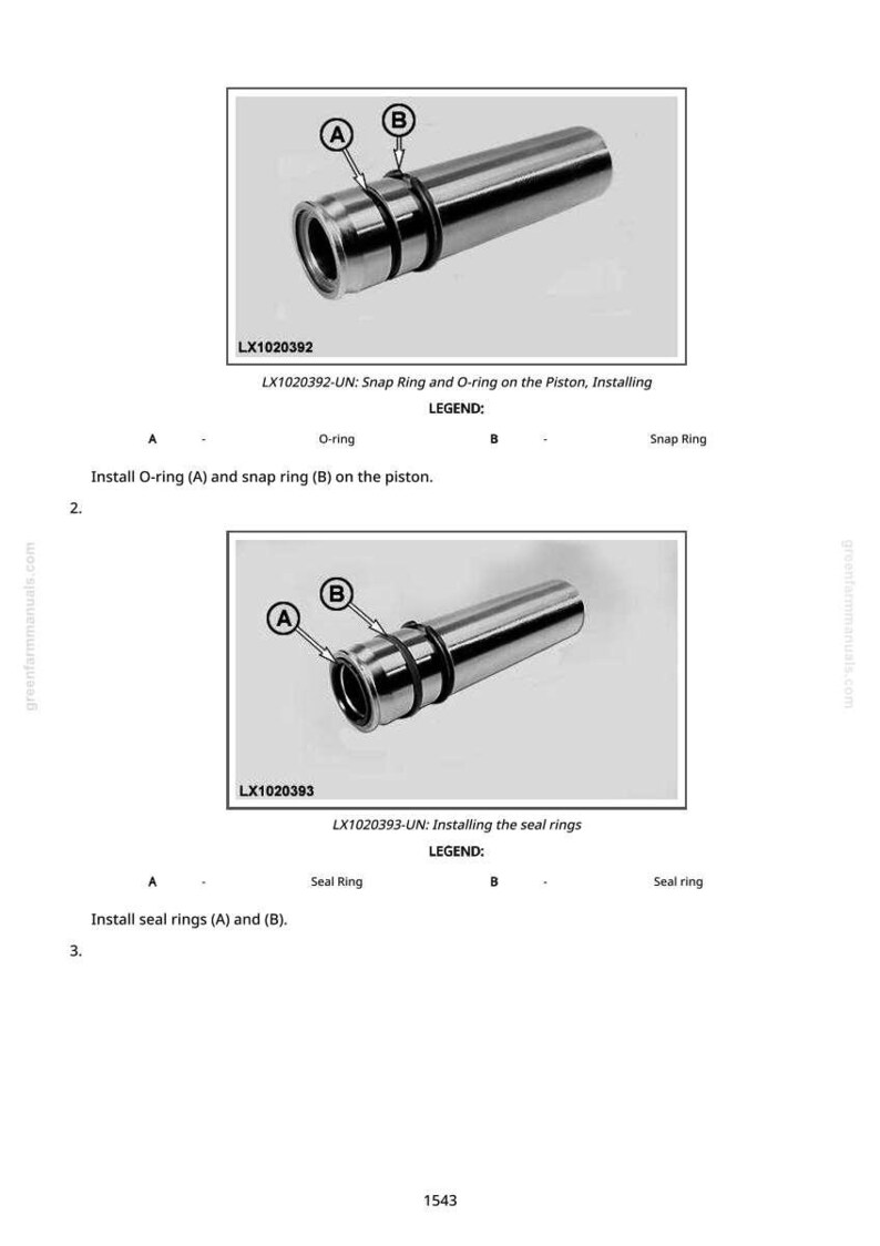 May include: Diagram of a piston with an O-ring and snap ring installed. The image includes labels and instructions for assembly. The text reads "LX1020392-UN: Snap Ring and O-ring on the Piston, Installing."