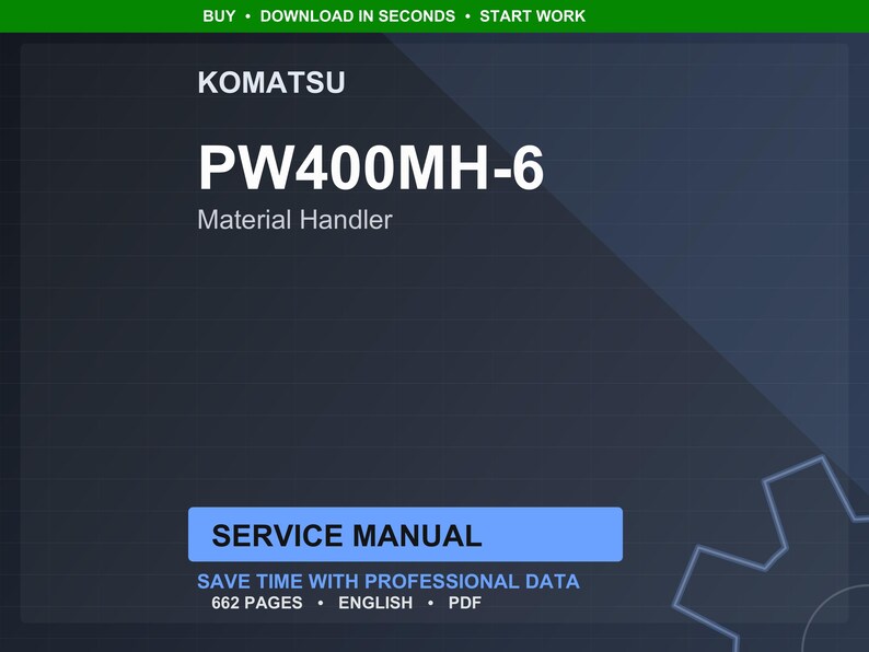 Może przedstawiać: Cyfrowy dokument zatytułowany "KOMATSU PW400MH-6 Material Handler Service Manual". Okładka jest ciemnoniebieska z białym tekstem. Instrukcja ma 662 strony i jest dostępna w języku angielskim i formacie PDF.