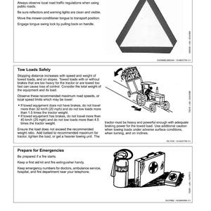 May include: A safety manual page with illustrations and text. The page includes a warning triangle, a tractor towing a load, a first aid kit, and a fire extinguisher. The text provides safety guidelines for towing equipment.