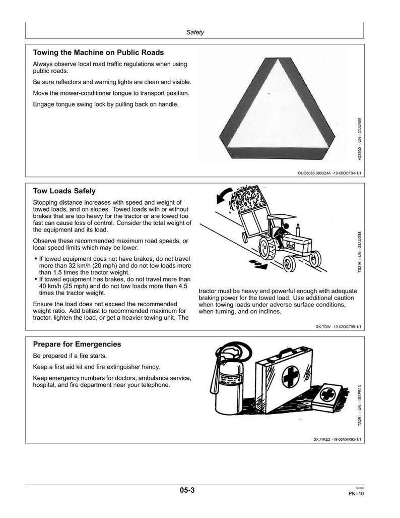 May include: A safety manual page with illustrations and text. The page includes a warning triangle, a tractor towing a load, a first aid kit, and a fire extinguisher. The text provides safety guidelines for towing equipment.