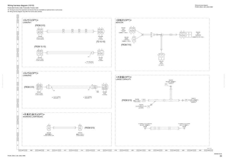 May include: A detailed wiring harness diagram (10/10) with multiple schematics. The diagrams include labels such as "CAMERA1", "BEACON", "CAMERA2", "LARGE CAPACITY", and "WORKING LAMP REAR", along with connector and cable details.