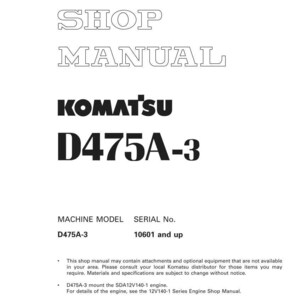K&ouml;nnte beinhalten: Ein wei&szlig;es Werkstatthandbuch mit dem Text "SHOP MANUAL" oben. Der Markenname "KOMATSU" und das Modell "D475A-3" sind in fetter schwarzer Schrift dargestellt. Das Handbuch enth&auml;lt Informationen zu Maschinenmodell und Seriennummer.