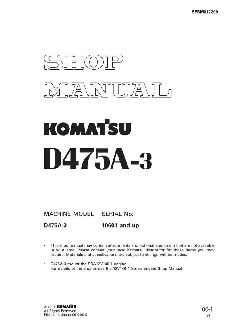 K&ouml;nnte beinhalten: Ein wei&szlig;es Werkstatthandbuch mit dem Text "SHOP MANUAL" oben. Der Markenname "KOMATSU" und das Modell "D475A-3" sind in fetter schwarzer Schrift dargestellt. Das Handbuch enth&auml;lt Informationen zu Maschinenmodell und Seriennummer.