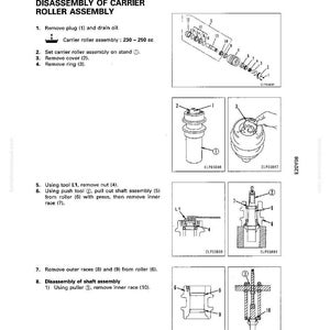 Puede incluir: Diagrama t&eacute;cnico que ilustra el desmontaje y montaje de un conjunto de rodillos portadores. La imagen proporciona instrucciones detalladas con ilustraciones, n&uacute;meros de pieza y referencias de herramientas. El texto incluye "DISASSEMBLY OF CARRIER ROLLER ASSEMBLY".