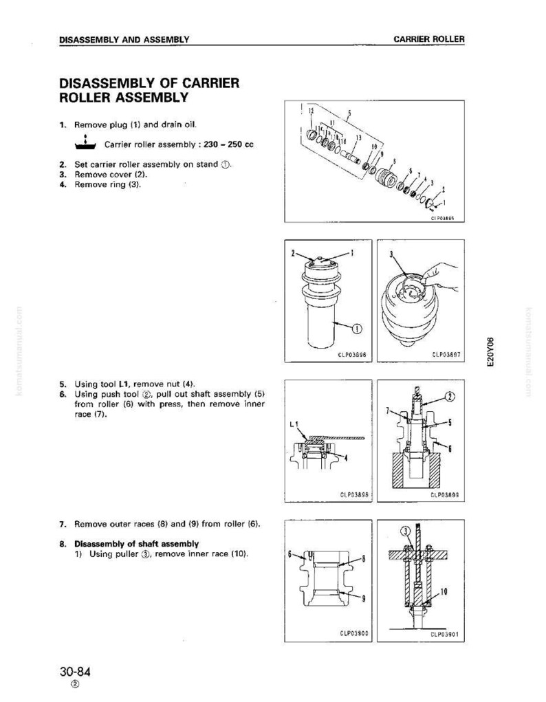 Puede incluir: Diagrama t&eacute;cnico que ilustra el desmontaje y montaje de un conjunto de rodillos portadores. La imagen proporciona instrucciones detalladas con ilustraciones, n&uacute;meros de pieza y referencias de herramientas. El texto incluye "DISASSEMBLY OF CARRIER ROLLER ASSEMBLY".