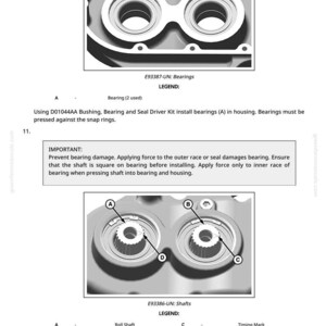 May include: Technical diagram showing bearing and shaft installation details. Includes labeled diagrams of bearings, shafts, and timing marks. Text instructions detail the installation process, emphasizing the importance of proper alignment and preventing damage.