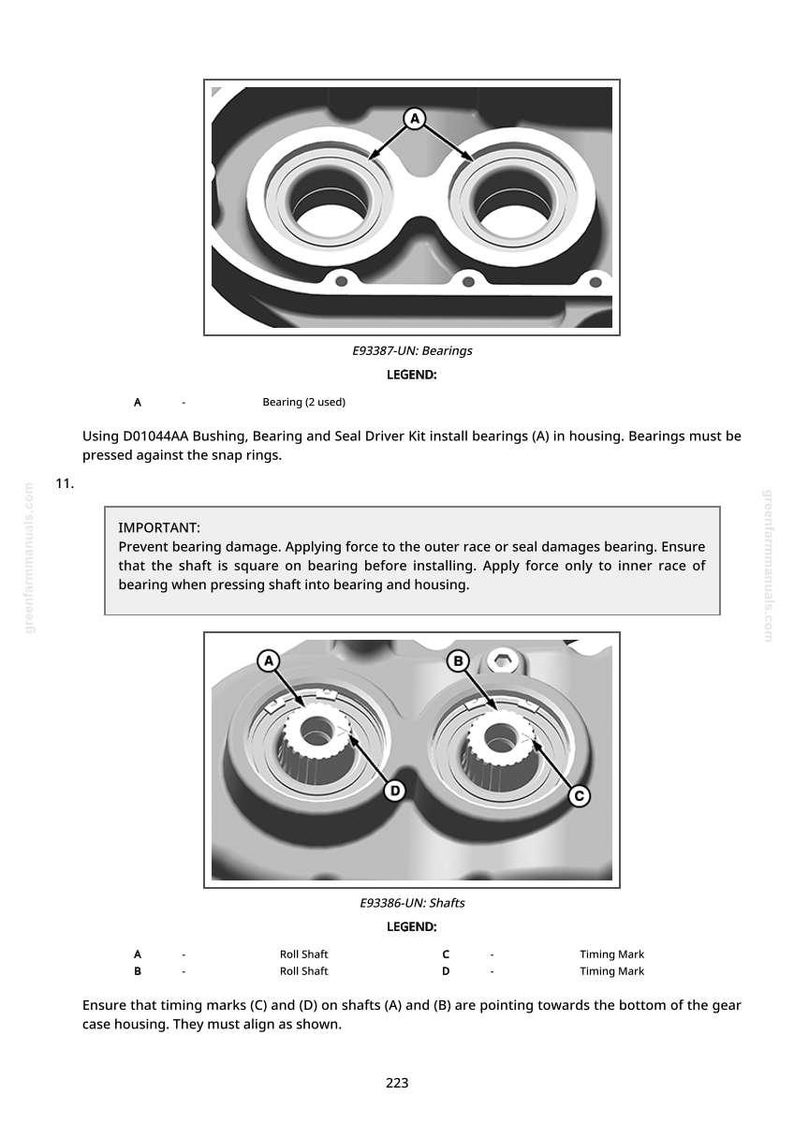 May include: Technical diagram showing bearing and shaft installation details. Includes labeled diagrams of bearings, shafts, and timing marks. Text instructions detail the installation process, emphasizing the importance of proper alignment and preventing damage.