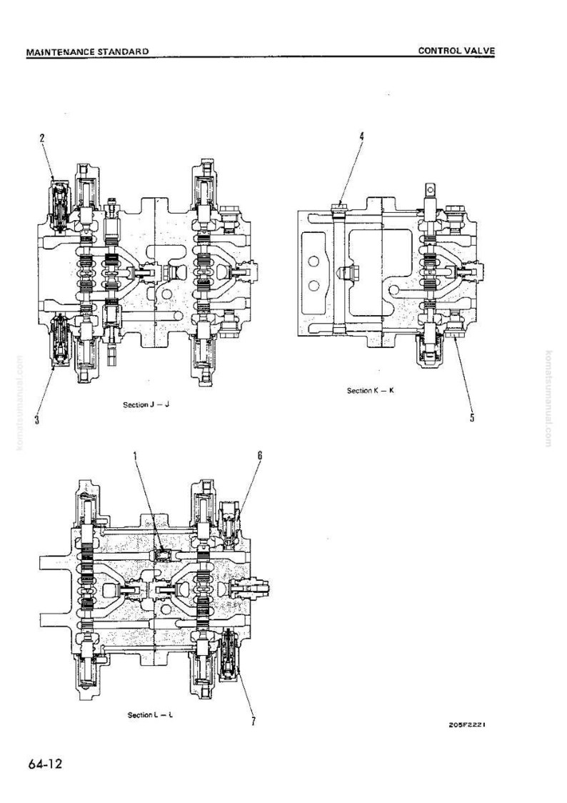 May include: Technical diagram of a control valve, with cross-sectional views labelled Section J-J, K-K, and L-L. The diagram includes numbered components and text indicating maintenance standards. The image is in black and white.
