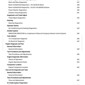 May include: A page from a manual with a table of contents. The text includes diagnostic procedures for hydraulic systems, engines, and air intake systems. The page number is 7.