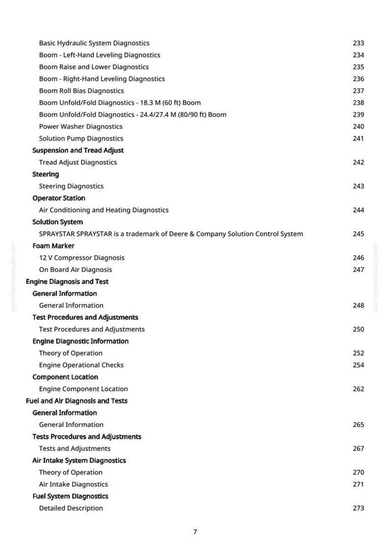 May include: A page from a manual with a table of contents. The text includes diagnostic procedures for hydraulic systems, engines, and air intake systems. The page number is 7.