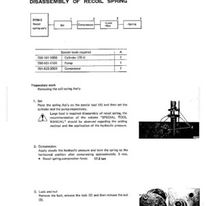 May include: Technical diagram detailing the disassembly of a recoil spring, with step-by-step instructions and diagrams. Includes a list of special tools required, such as a cylinder, pump, and compressor. The recoil spring compression force is 17.2 tons.