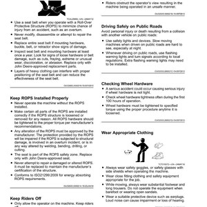 May include: A safety information page with the title "Safety". The page includes instructions on seat belt use, ROPS installation, public road safety, wheel hardware checks, and appropriate clothing for machine operation.