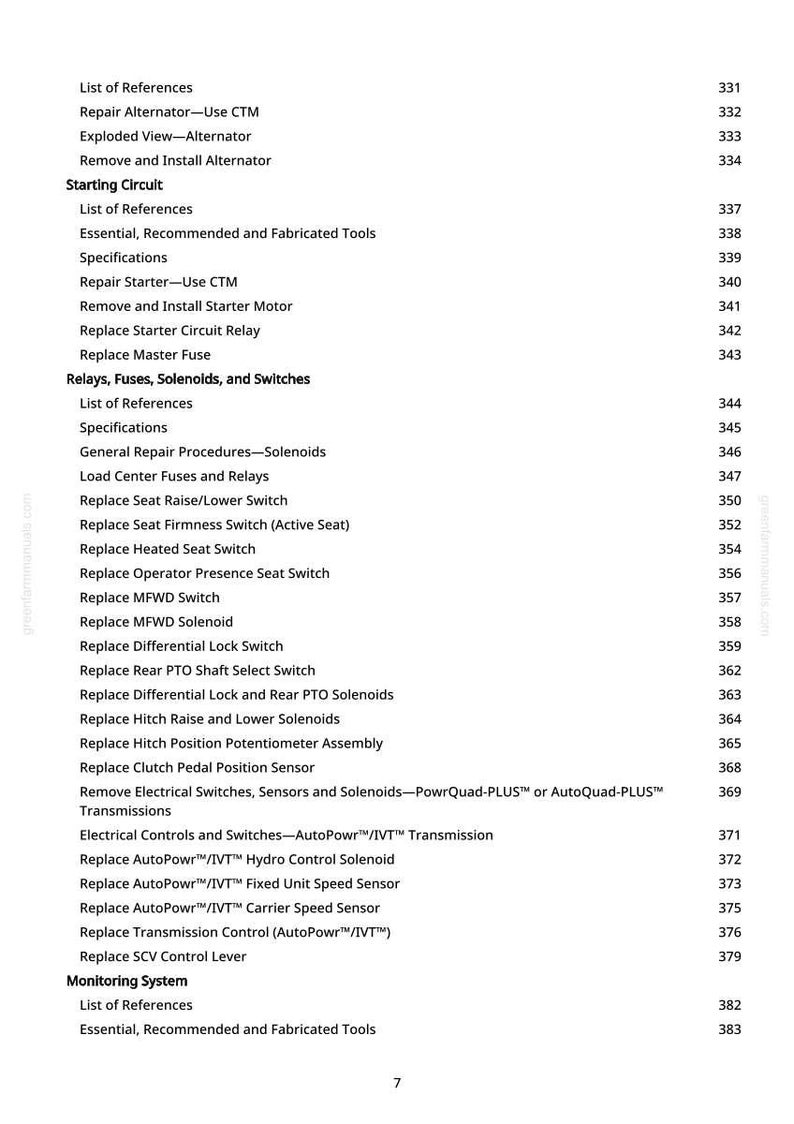 May include: A printed page from a manual, featuring a detailed table of contents. The text includes sections on alternators, starting circuits, relays, fuses, solenoids, and switches. The page number is 7.