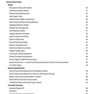 May include: A page from a manual titled "Table of Contents". The document lists safety information, maintenance, and fuel topics. Sections include "Handle Fluids Safely" and "Gasoline Engine Oil".