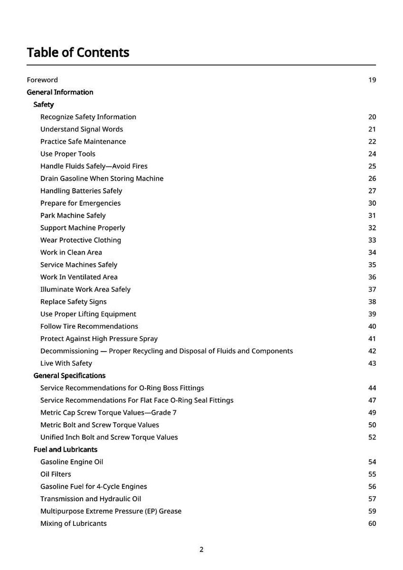 May include: A page from a manual titled "Table of Contents". The document lists safety information, maintenance, and fuel topics. Sections include "Handle Fluids Safely" and "Gasoline Engine Oil".