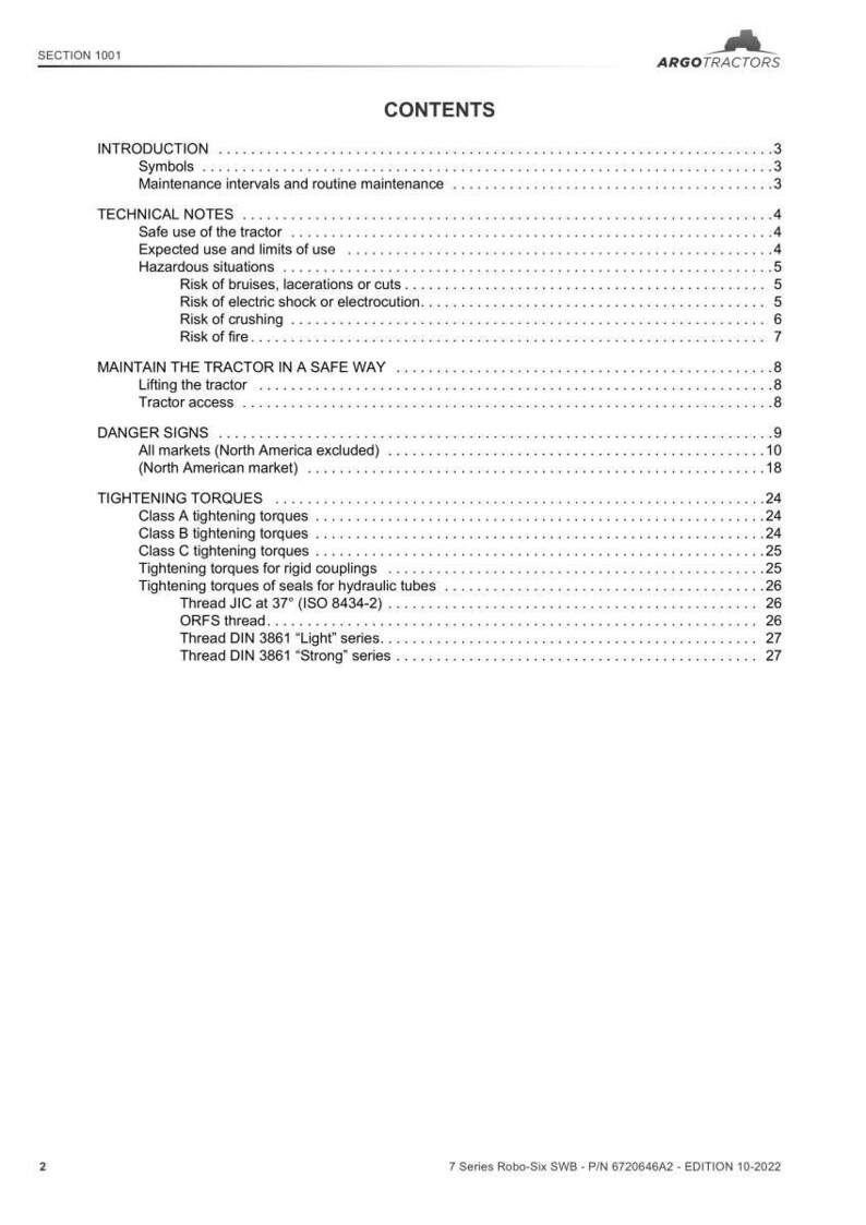 May include: A manual page titled "CONTENTS" with the Argo Tractors logo. It lists sections including introduction, technical notes, and tightening torques. The manual covers topics like tractor safety and tightening torques. It is for the 7 Series Robo-Six SWB.