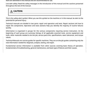 May include: A page from a technical manual with the heading "Foreword". The text includes safety warnings, instructions for technicians, and information on repair and operation. A "CAUTION" symbol is present.