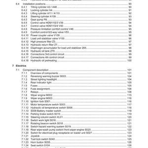 Puede incluir: Un detallado &iacute;ndice de un manual de Weidemann, que enumera los circuitos hidr&aacute;ulicos, las posiciones de instalaci&oacute;n y los componentes el&eacute;ctricos. El texto es negro sobre fondo blanco, con n&uacute;meros de p&aacute;gina.