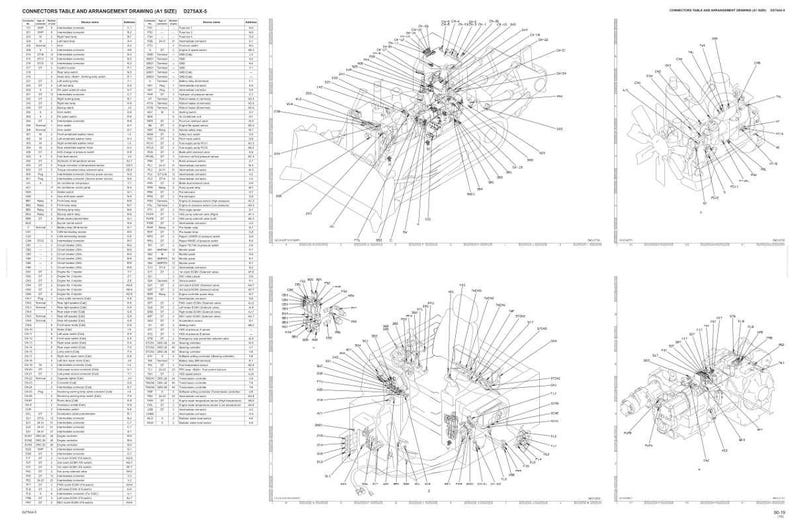 Puede incluir: Un diagrama t&eacute;cnico con m&uacute;ltiples vistas de un motor, con dibujos lineales detallados y etiquetas. La imagen incluye una tabla de conectores y dibujos de disposici&oacute;n, con varios componentes identificados.