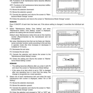 May include: A page from a manual detailing the operation of a machine monitor. The text describes setting and adjusting maintenance functions, with screenshots of the monitor interface. The manual includes instructions for setting time and selecting options.