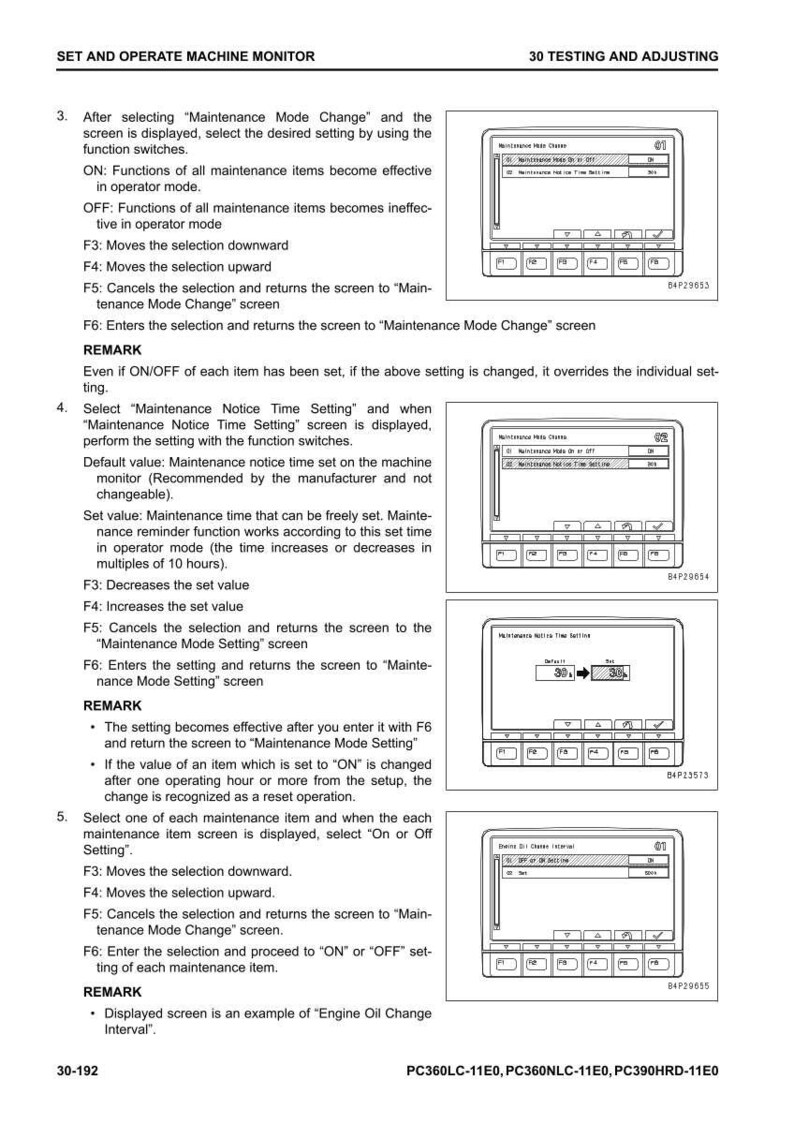 May include: A page from a manual detailing the operation of a machine monitor. The text describes setting and adjusting maintenance functions, with screenshots of the monitor interface. The manual includes instructions for setting time and selecting options.