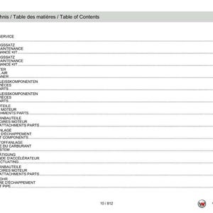 May include: A white and gray document titled "Table of Contents" in English, French, and German. The document lists various service and engine components, including air filters and exhaust pipes. The document is labeled 2070CXLP1 and has a page number of 10/812.