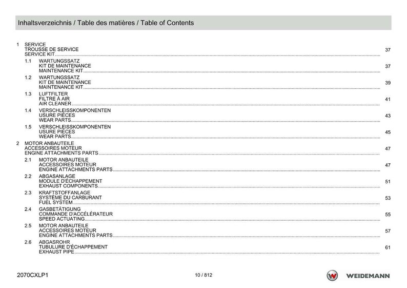 May include: A white and gray document titled "Table of Contents" in English, French, and German. The document lists various service and engine components, including air filters and exhaust pipes. The document is labeled 2070CXLP1 and has a page number of 10/812.