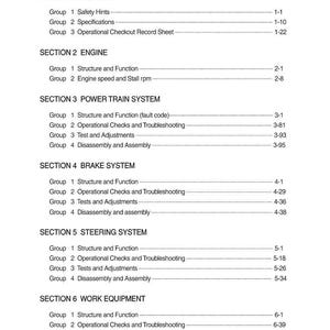 May include: A page from a manual with a table of contents. The headings include sections on the engine, power train system, brake system, steering system, and work equipment. Each section lists groups with page numbers.